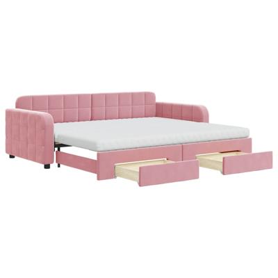 Slaapbank met onderschuifbed en lades 100x200 cm fluweel roze