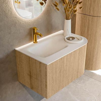 Mondiaz KURVE 75 cm Onderkast Greeploos 1 Lade Met Deuren Oak, Wastafel Solid Surface Links Talc 1 Kraangat Zonder Spiegel (KRVGRU75R1L1D1KL-Oak/Tal)