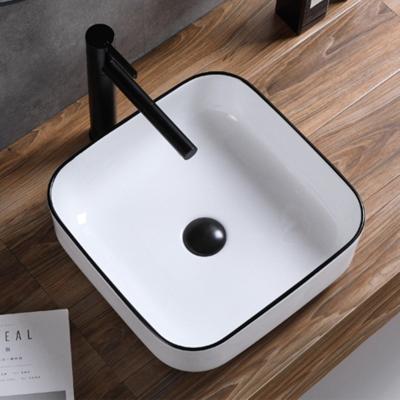 Opbouw Waskom Boss & Wessing Premium 40x40x14 cm Keramiek Wit met Zwarte Lijn Aqua Splash