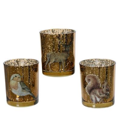Theelichthouder glas met dieren goud