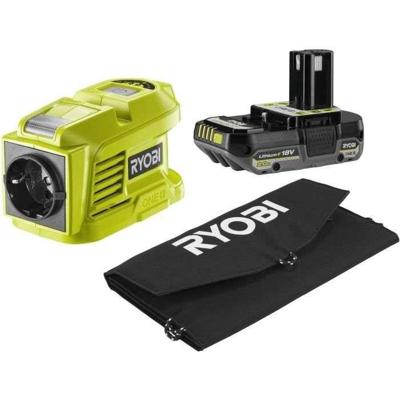 Reisset - RYOBI - 21 W zonnepaneel + RY18BI150B-0 transformator / lader + 1 18 V 2,0 Ah lithium+ batterij