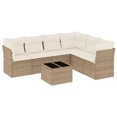 7-delige Loungeset met kussens poly rattan beige - thumbnail