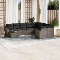 10-delige Loungeset met kussens poly rattan grijs - thumbnail