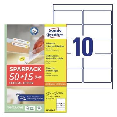 Avery-Zweckform L4744REV-65 Universele etiketten 96 x 50.8 mm Papier Wit 65 vellen Weer verwijderbaar Inkjet, Laser (zwart/wit), Laser (kleur), Kopiëren Avery-Zweckform L4744REV-65 Universele etiketten 96 x 50.8 mm Papier Wit 65 vellen Weer verwijderbaar Inkjet, Laser (zwart/wit), Laser (kleur), Kopiëren