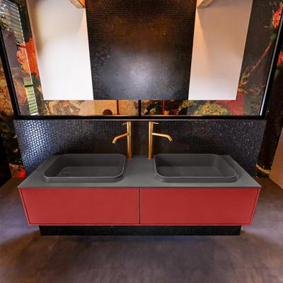 Badkamermeubelset Mondiaz Erin 150 cm met 2 Lades met RIDGE Wastafel Dubbel Dark grey met 2 kraangaten Greeploos Mat Fire