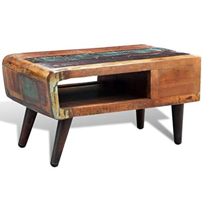 Salontafel met 1 gewelfde rand en 1 lade gerecycled hout - thumbnail