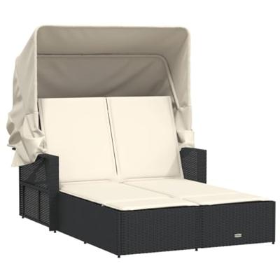 Ligbed 2-persoons met luifel en kussens poly rattan zwart Ligbed 2-persoons met luifel en kussens poly rattan zwart