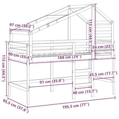 Halfhoogslaper met ladder en bedhuis grenenhout wit 90x190 cm