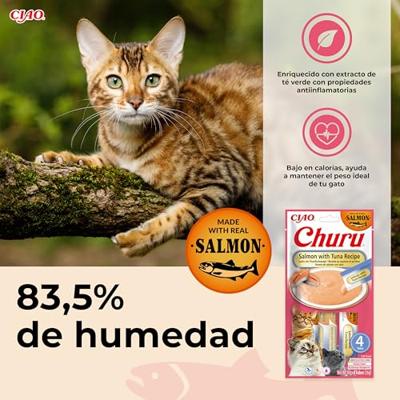 INABA Churu Puree Kattenlekkernijen, creamy snacks, hoogwaardige eiwitten met zalm en tonijn, 56 g (1 stuk), kattensnacks in premium kwaliteit
