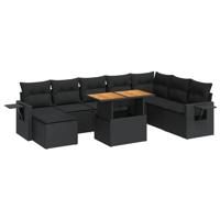 9-delige Loungeset met kussens poly rattan zwart - thumbnail