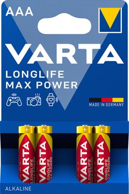 Varta Longlife Max Power AAA Micro LR03 Batterij (verpakking met 4 stuks) Alkaline Batterijenideaal voor speelgoed en dagelijks gebruikte apparaten, rood