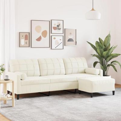 Driezitsbank met voetenbank 210 cm fluweel crèmekleurig