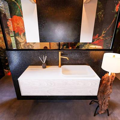 Badkamermeubelset Mondiaz Erin 120 cm met 1 Lade met RIDGE Wastafel Rechts Talc met 1 kraangat Greeploos Mat Underlayment