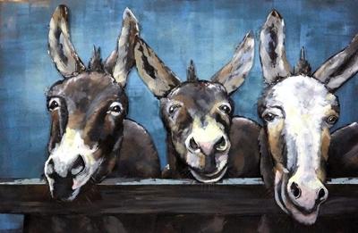 Schilderij - Metaalschilderij - Drie Ezels, 80x120cm, 3D schilderij
