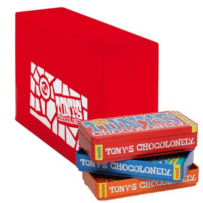 Chocolade Tony's Chocolonely puur-melk en karamel zeezout blik 540gr | 8 stuks Chocolade Tony's Chocolonely puur-melk en karamel zeezout blik 540gr | 8 stuks
