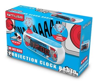 Muse M-167 KDB Kinderwekker met digitale FM-radio en sterrenprojectie (2 wektijden, display met dimmer, AUX-In) blauw/wit met grappige stripmotieven