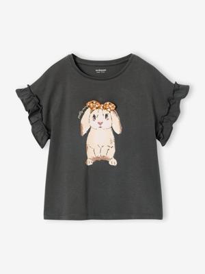 Meisjes-T-shirt met iriserend motief en korte mouwen met ruches antraciet