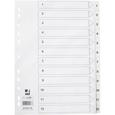 Q-CONNECT tabbladen, A4, PP, 11-gaatsperforatie, met indexblad, set van 1-12, wit