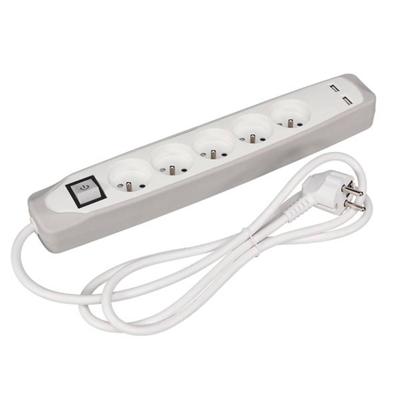Perel contactdoos met 5 stopcontacten, 2 USB en schakelaar, 1,5 m, wit/grijs, voor NL