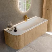 Mondiaz KURVE 125 cm Onderkast Greeploos 1 Lade Met Deuren Oak, Wastafel Solid Surface Rechts Talc 1 Kraangat Zonder Spiegel (KRVBGM125L1L1D1KR-Oak/Tal) - thumbnail