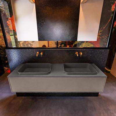 Badkamermeubelset Mondiaz Erin 150 cm met 1 Lade met RIDGE Wastafel Dubbel Dark grey Zonder Kraangaten Greeploos Mat Smoke Badkamermeubelset Mondiaz Erin 150 cm met 1 Lade met RIDGE Wastafel Dubbel Dark grey Zonder Kraangaten Greeploos Mat Smoke