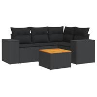 5-delige Loungeset met kussens poly rattan zwart - thumbnail