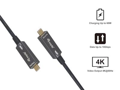 Equip 119462 actieve optische USB-C-naar-C-kabel, stekker/stekker, 10 m, PD 60 W, 4K/60 Hz, 10 Gbit/s, Video+Data + PD