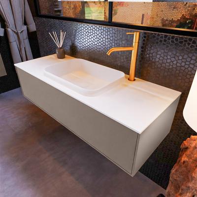 Badkamermeubelset Mondiaz Erin 120 cm met 1 Lade met RIDGE Wastafel Midden Talc met 1 kraangat Greeploos Mat Smoke