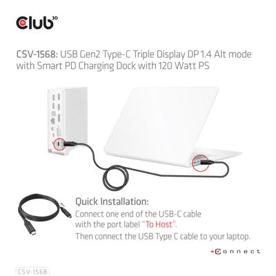 CLUB3D USB Gen2 Type-C Triple Display DP Alt mode Displaylink Dynamic PD Charging Dock met 120 Watt