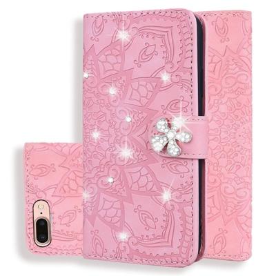 iPhone 7 Plus & 8 Plus met nep diamanten ingelegd uniek 3D mandala patroon PU leren Flip Hoesje met houder en opbergruimte voor pinpassen & geld (roze iPhone 7 Plus & 8 Plus met nep diamanten ingelegd uniek 3D mandala patroon PU leren Flip Hoesje met houder en opbergruimte voor pinpassen & geld (roze