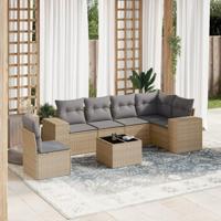 7-delige Loungeset met kussens poly rattan beige - thumbnail