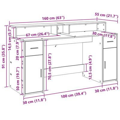 Bureau met LED-verlichting 160x55x91 cm hout artisanaal eiken - thumbnail