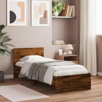 Bedframe met hoofdeinde bewerkt hout gerookt eiken 90x200 cm - thumbnail