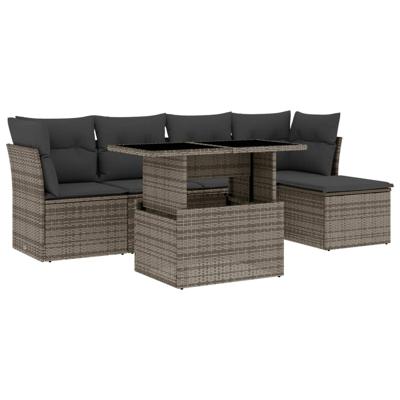 6-delige Loungeset met kussens poly rattan grijs