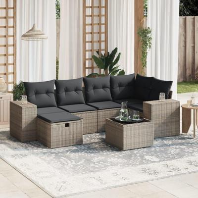 7-delige Loungeset met kussens poly rattan grijs