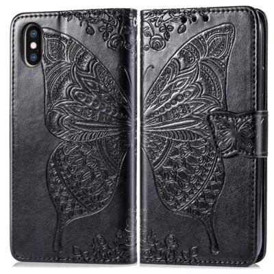 Butterfly Love bloemen reliëf horizontale Flip lederen case voor iPhone X met houder & kaartsleuven & portemonnee & Lanyard (zwart)