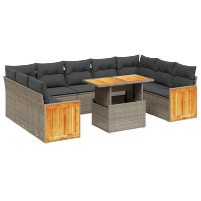 10-delige Loungeset met kussens poly rattan acacia grijs