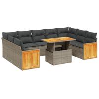 10-delige Loungeset met kussens poly rattan acacia grijs - thumbnail
