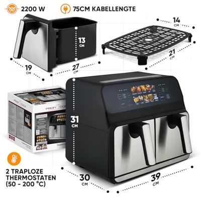 ProfiCook PC-FR 1287 H Dubbel 8 l Vrijstaand 2200 W Heteluchtfriteuse Zwart, Roestvrijstaal