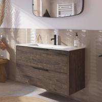 Saqu Lima voorgemonteerd badmeubel met mat zwarte greep incl. matte keramische wastafel 101x46cm kasteel bruin - thumbnail