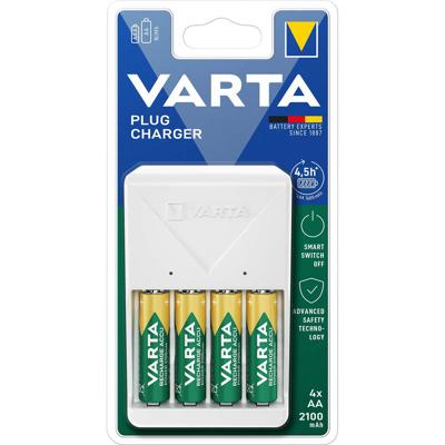 Varta Plug Charger voor 2/4 AA, AAA NiMH oplaadbare batterijen (incl 4x AA 2100 mAh batterijen), EU-stekker,Wit
