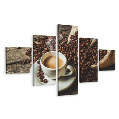 Schilderij - koffie en bonen, 5 luik, Premium print
