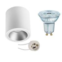 Opbouwspot Set - LEDVANCE Parathom PAR16 930 36D - Pragmi Cliron Pro - GU10 Fitting - Dimbaar - Opbouw Rond - Mat Wit/Zilver - 3.4W - Warm Wit 3000K - Verdiept - Ø90mm - thumbnail