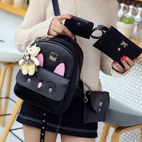4 in 1 konijn patroon PU leder dubbele schouders schooltas rugzak reistas met Bear Doll hanger (zwart) - thumbnail