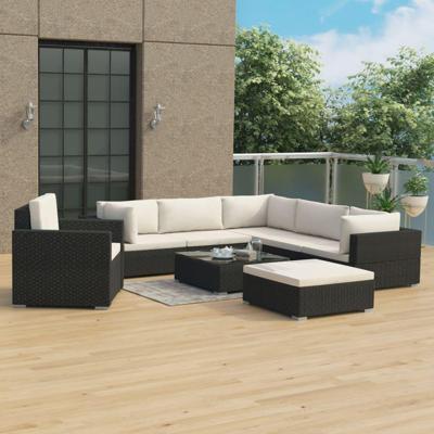 8-delige Loungeset met kussens poly rattan zwart