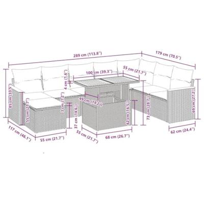 9-delige Loungeset met kussens poly rattan grijs