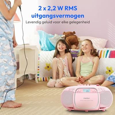 MEDION E66476 Stereo Geluidssysteem (boombox, CD-speler, MP3, cassette, draagbare cassettespeler voor kinderen, FM-radio, AUX, hoofdtelefoon, netvoeding & batterij) Roze