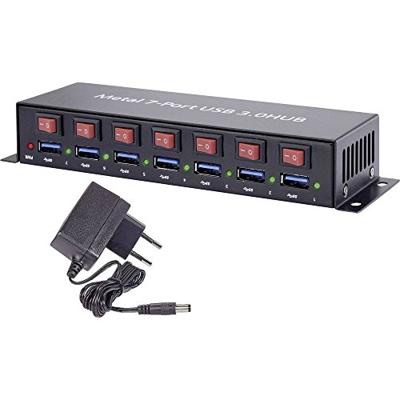 Renkforce RF-3269622 USB 3.2 Gen 1-hub 7 poorten Met metalen behuizing, Individueel schakelbaar, Voor wandmontage Zwart - thumbnail