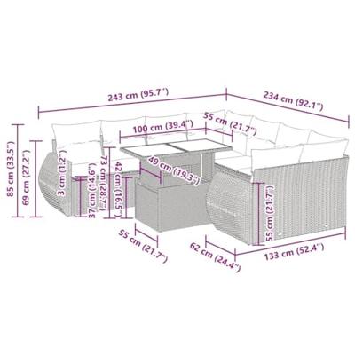 9-delige Loungeset met kussens poly rattan acacia grijs