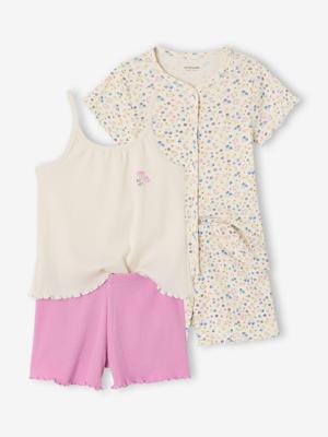 Set van 2 pyjamashorts met rib en bloemen ecru